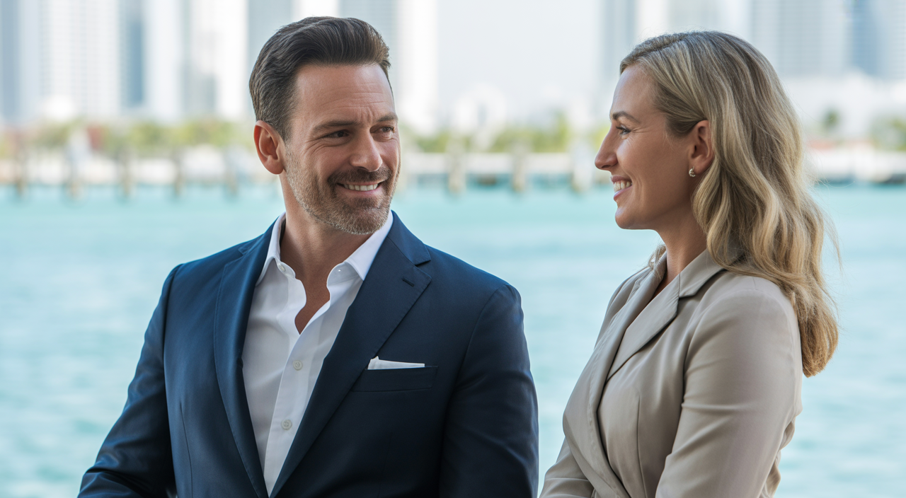 Photorealistic image of a well-dressed professional couple on a curated date in a stylish Miami waterfront lounge representing Miami matchmaking services