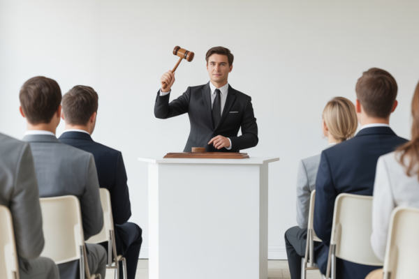 Professional real estate auctioneer conducting a luxury property auction with attentive audience in elegant setting