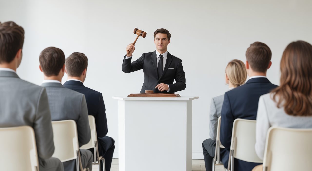 Professional real estate auctioneer conducting a luxury property auction with attentive audience in elegant setting