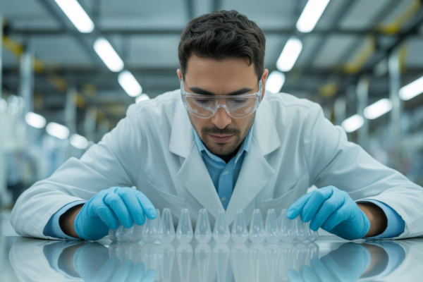 Highly detailed hero photograph of a technician examining clear PET preforms in a professional manufacturing environment with white background for packaging article.