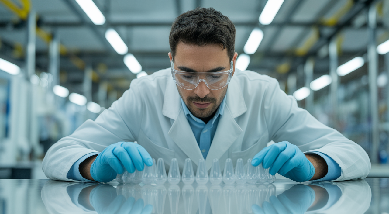 Highly detailed hero photograph of a technician examining clear PET preforms in a professional manufacturing environment with white background for packaging article.