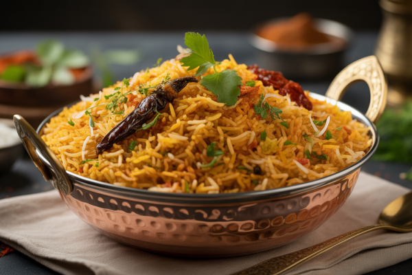 Close-up professional photo of a bowl of fluffy, aromatic biryani rice with spices on a clean white background