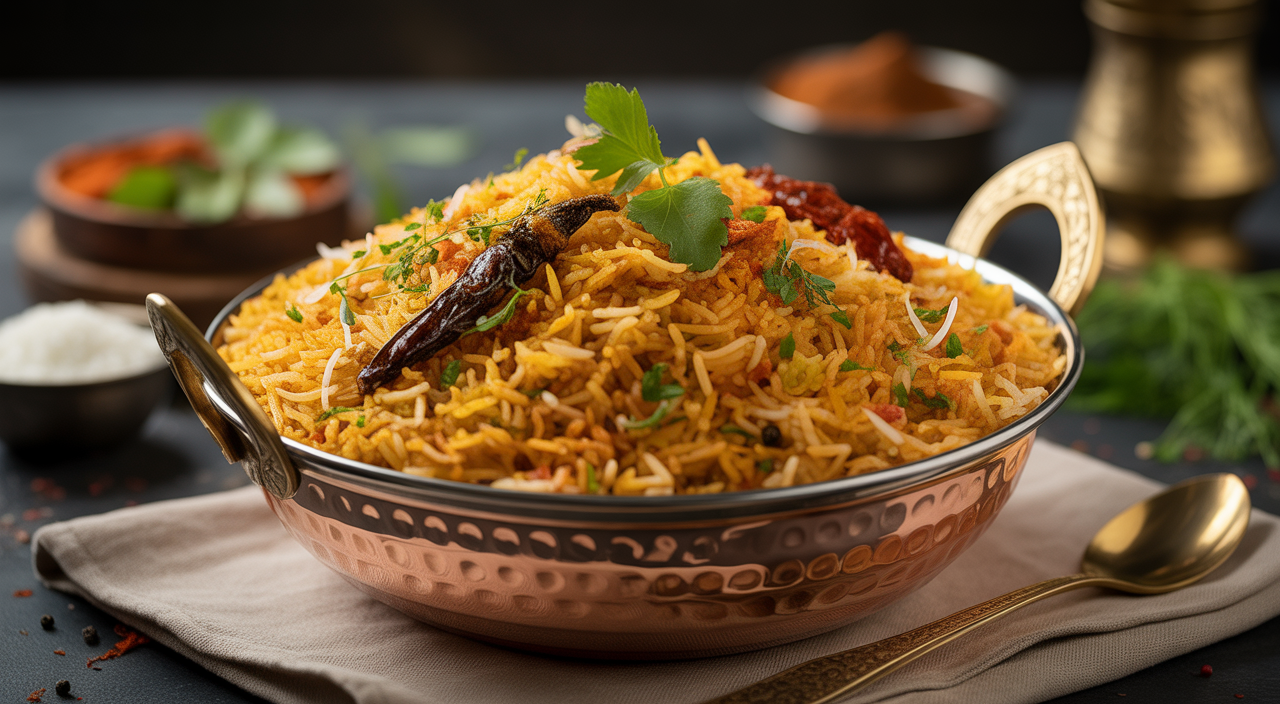 Close-up professional photo of a bowl of fluffy, aromatic biryani rice with spices on a clean white background