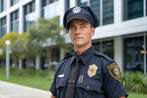 High-resolution image of a professional security guard in uniform standing near a commercial building in California