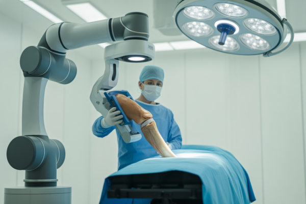 Robotic knee replacement surgery with surgeon and robotic arm in operating room