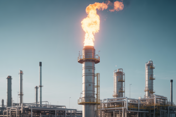 Hero image of industrial flare system with tall flare stack burning cleanly in a refinery setting against neutral background for flare system manufacturer guide article