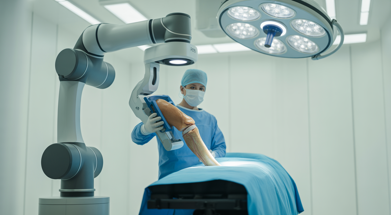 Robotic knee replacement surgery with surgeon and robotic arm in operating room