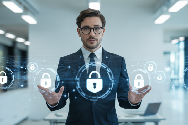 Photorealistic image of a confident business professional in a modern office environment discussing cybersecurity strategy with digital security elements in the background