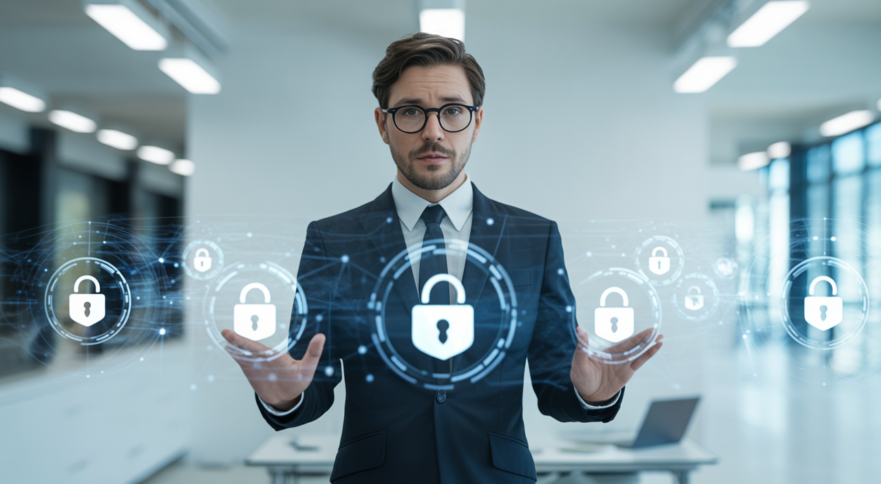 Photorealistic image of a confident business professional in a modern office environment discussing cybersecurity strategy with digital security elements in the background