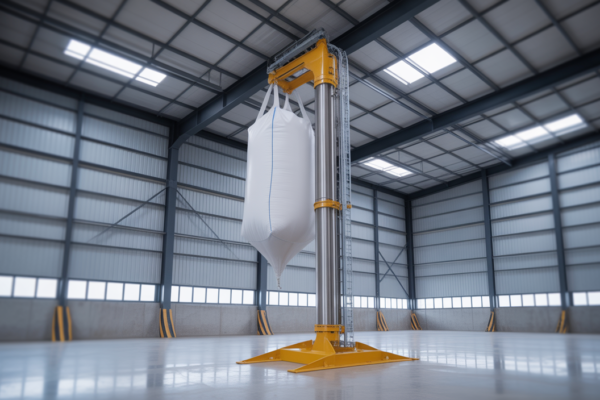 Photorealistic image of a bulk bag column lift with a large industrial bag raised in a clean, modern industrial setting
