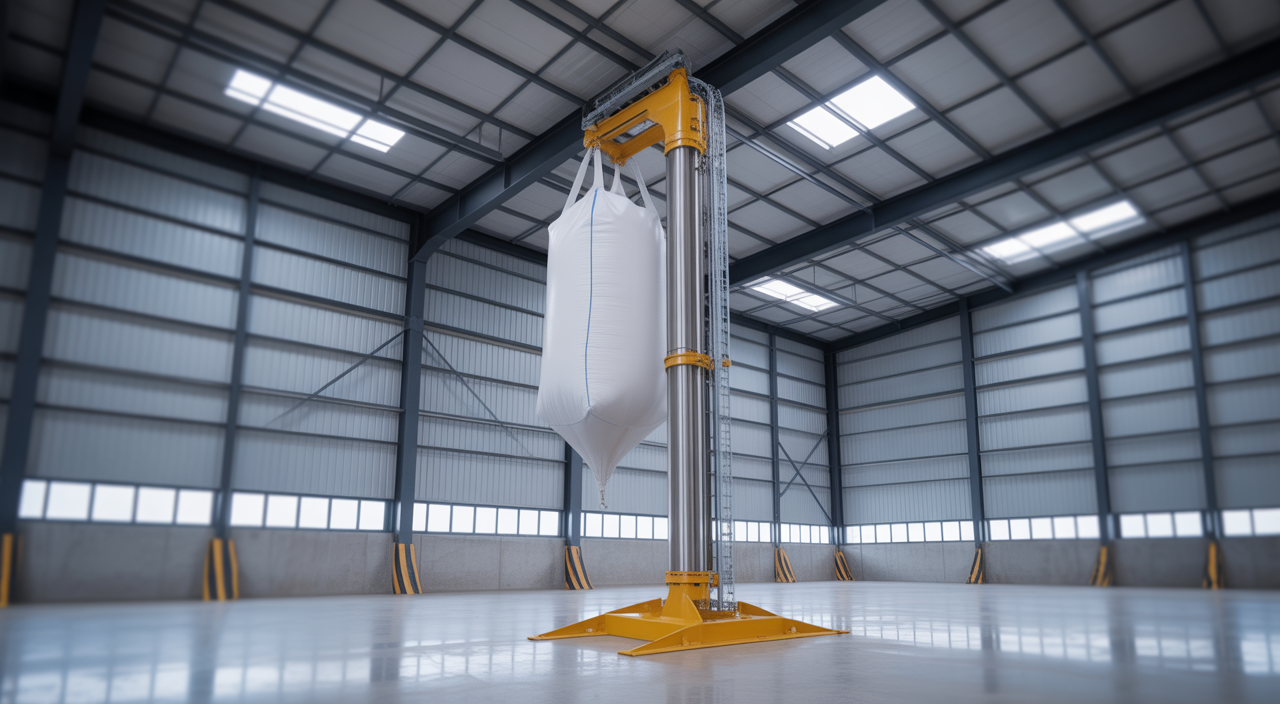 Photorealistic image of a bulk bag column lift with a large industrial bag raised in a clean, modern industrial setting