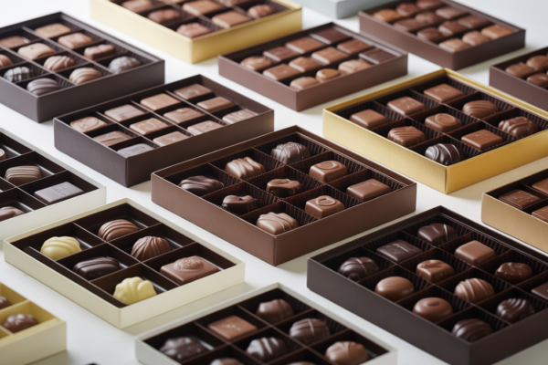 High-quality photograph of premium corporate chocolate gift boxes with elegant packaging on a white background