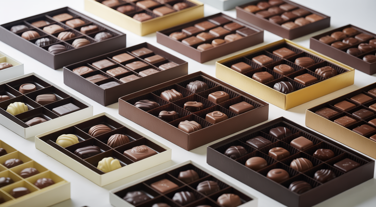 High-quality photograph of premium corporate chocolate gift boxes with elegant packaging on a white background