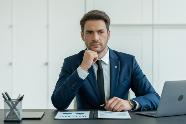 Confident securities fraud lawyer at modern desk with financial paperwork and laptop on white background