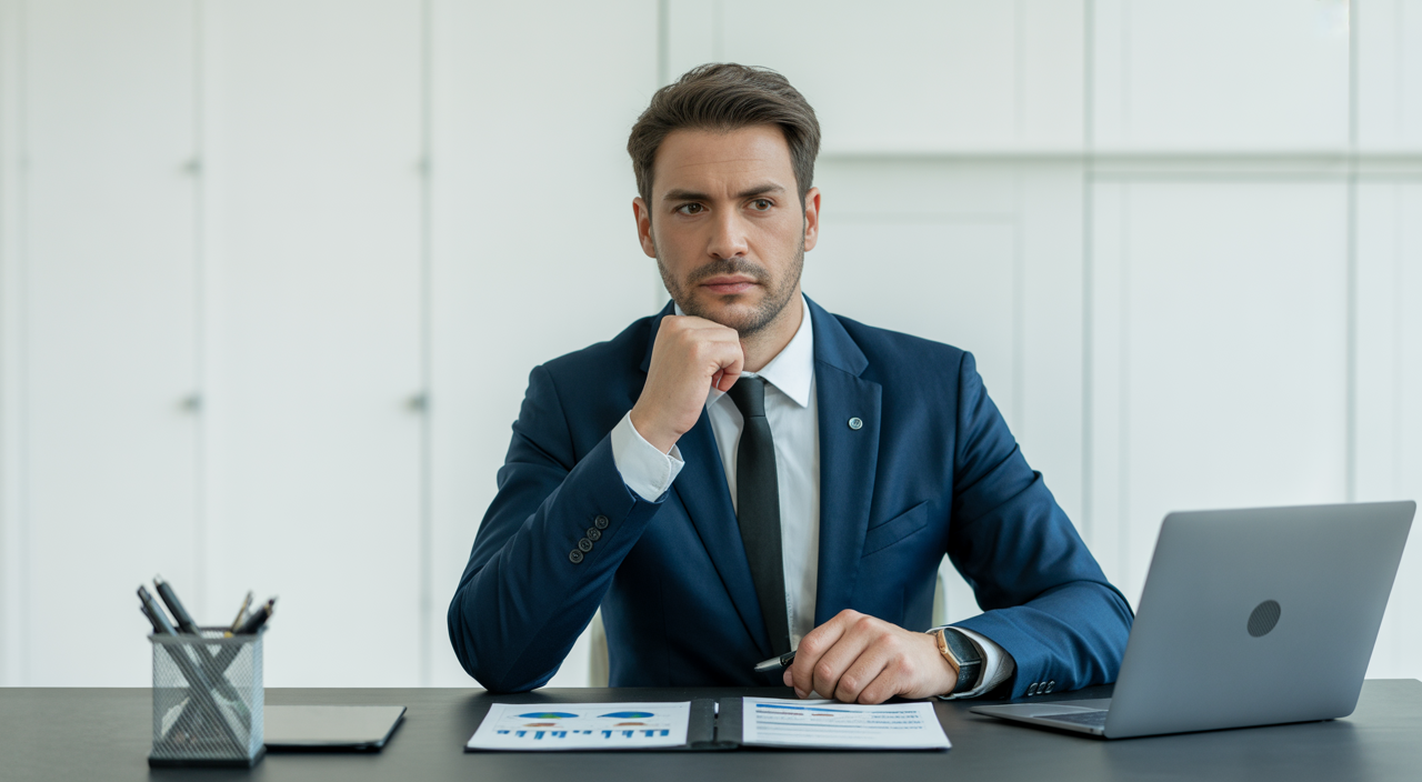 Confident securities fraud lawyer at modern desk with financial paperwork and laptop on white background
