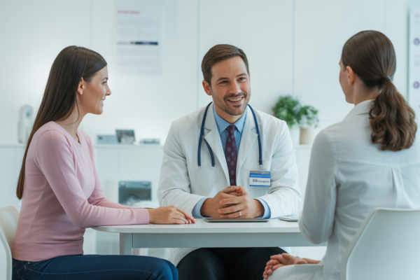 Hero image of a couple in consultation with a fertility specialist in a bright, modern fertility clinic setting representing IVF treatment planning