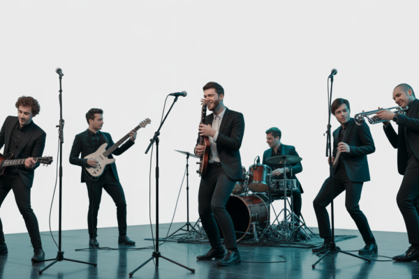 Photorealistic image of a professional corporate event band performing live with modern instruments and diverse musicians in a neutral background setting
