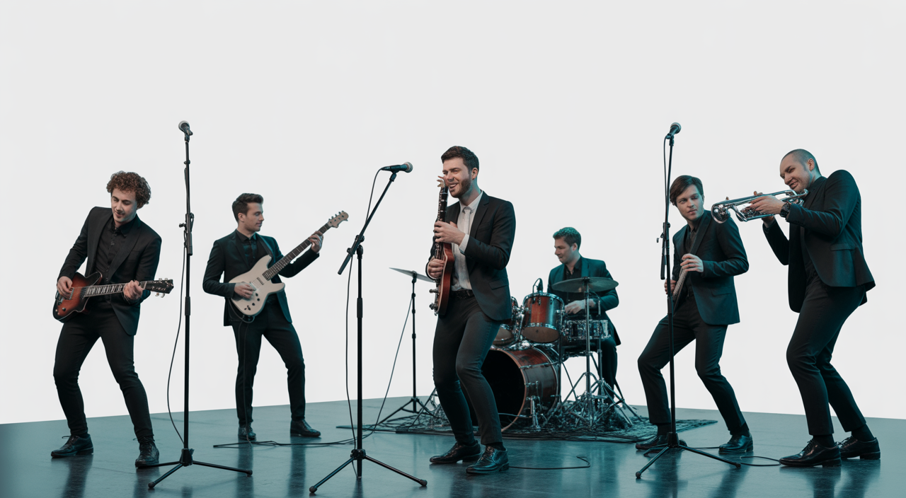 Photorealistic image of a professional corporate event band performing live with modern instruments and diverse musicians in a neutral background setting