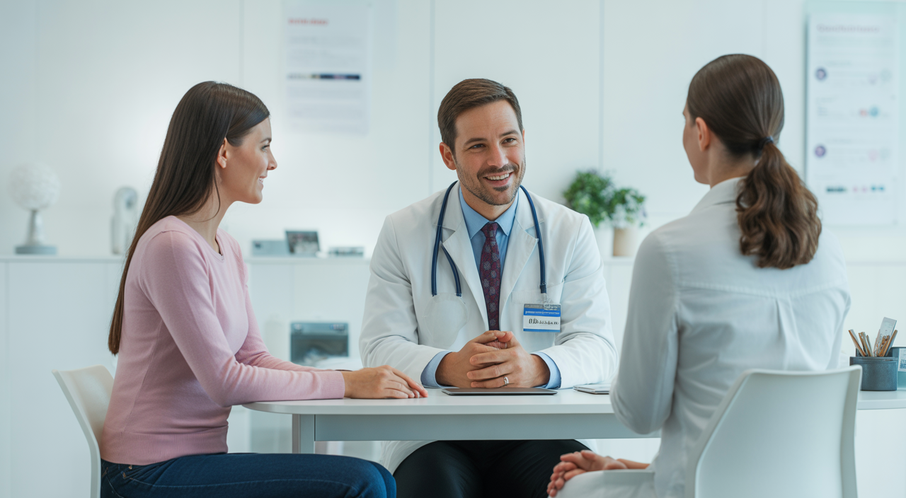 Hero image of a couple in consultation with a fertility specialist in a bright, modern fertility clinic setting representing IVF treatment planning