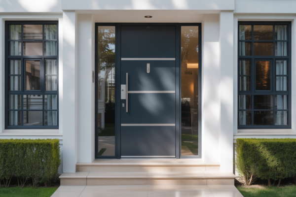 High-quality professional photograph of a modern steel security door with sleek design at a residential entrance on a white background