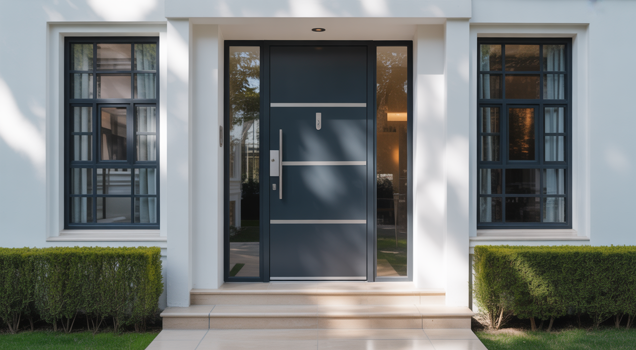High-quality professional photograph of a modern steel security door with sleek design at a residential entrance on a white background